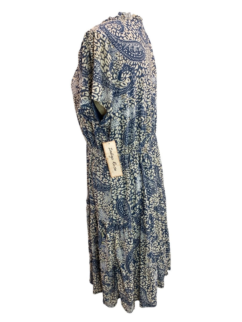 XL Indigo Rose New Paisley Print Boho Dress Elastic Waist Lined Stretch Fabric Blue Tan