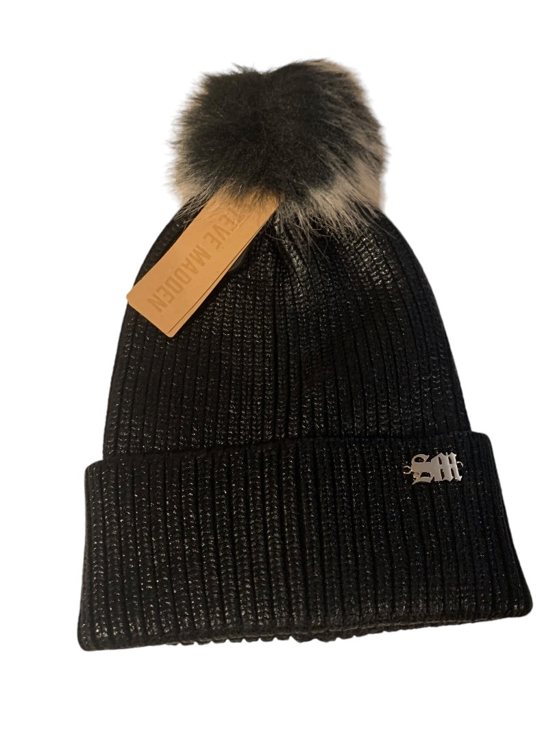 Steve Madden Foiled Beanie Faux Fur Womens New Hat Black Pom Pom