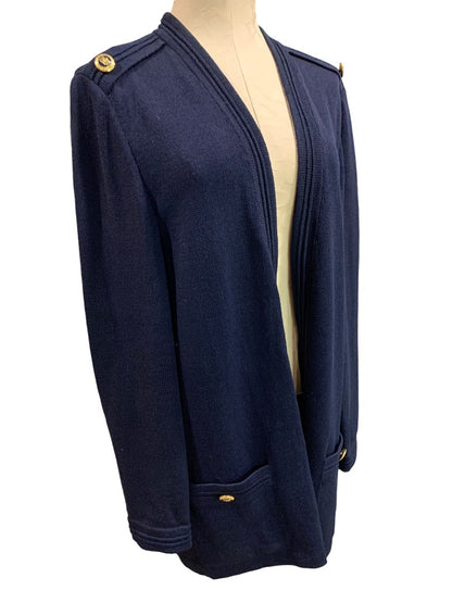 Large St John Basics Santana Knit 1980s Cardigan Sweater Navy Blue Goldtone Buttons