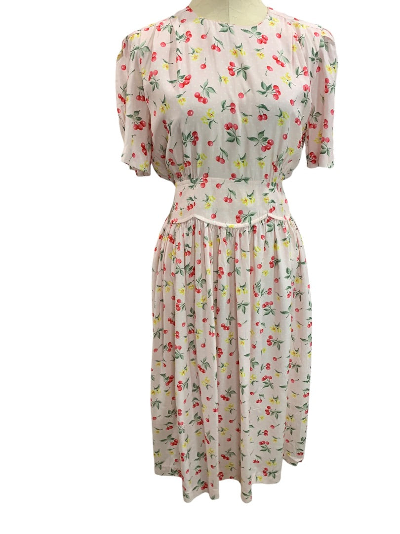 Size 10P Karen Stevens Petite Vintage 1990s Midi Dress Pink Cherry Print