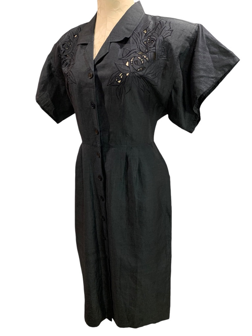 Size 10 Axiom Vintage 1990s Silk Blend Black Eyelet Dress Pockets