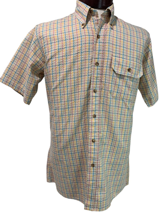 Medium Mens Vintage 1980s Short Sleeve Seersucker Plaid Button Down Shirt