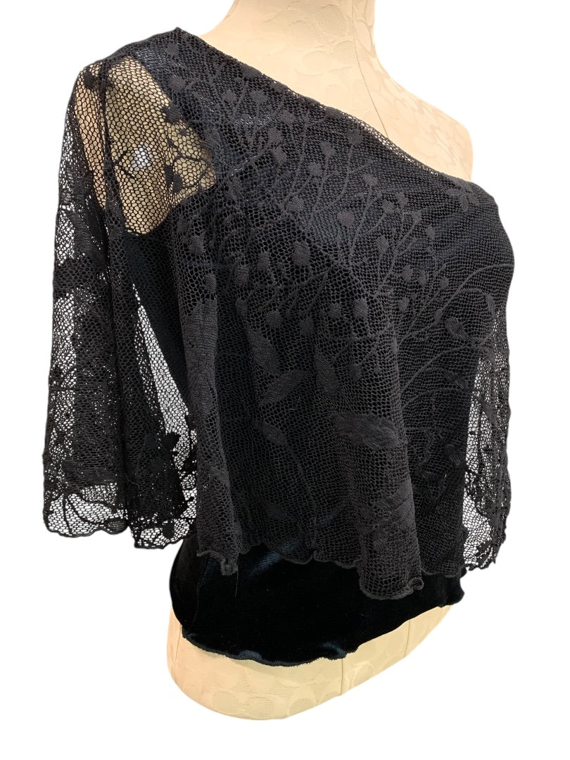 Medium Arden B Womens Black One Shoulder Top Velour Lace Overlay