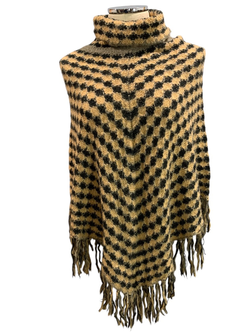 One Size Big Buddha Womens Fringed Poncho Turtleneck Checked Soft