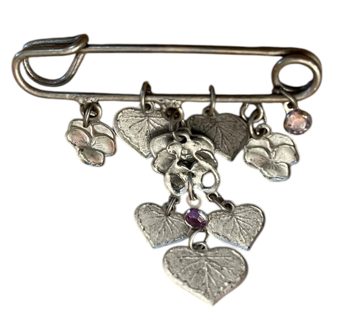 Silvertone Charm Brooch Pin Enameled Flower Hearts Vintage 2 Inches