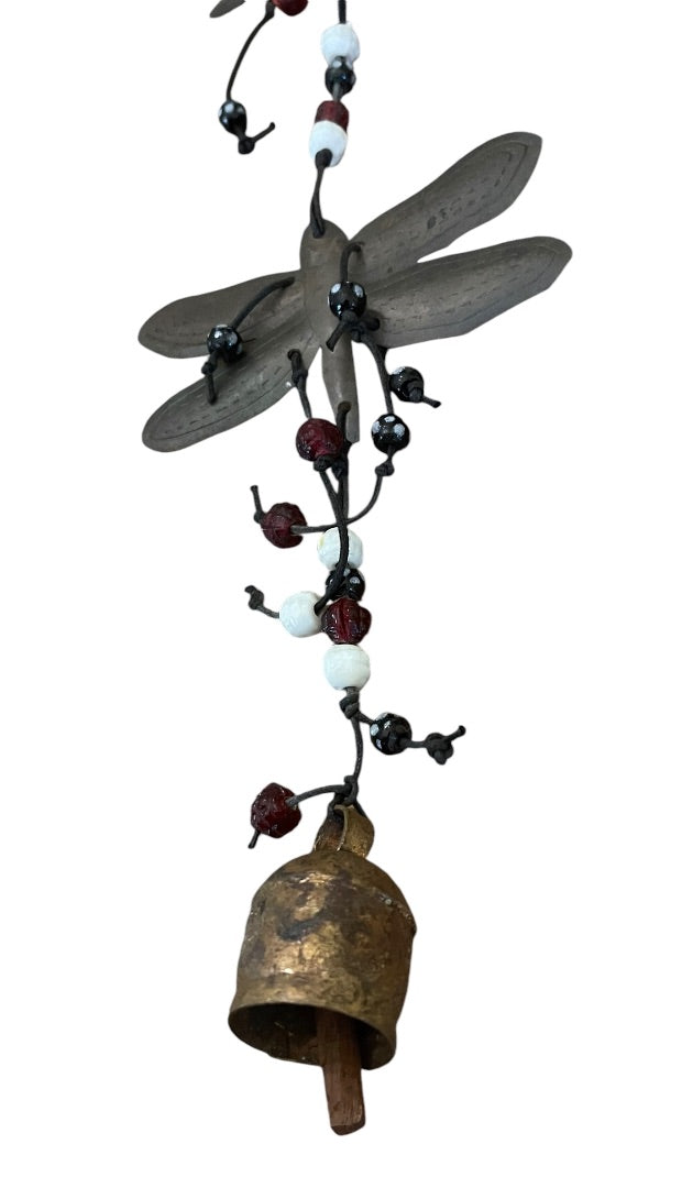 Rustic 30" Metal Dragonfly Bell Glass Beads 4.5 Inch Wingspan