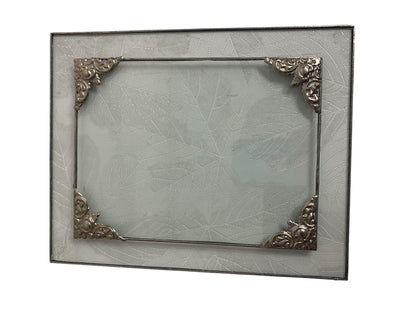 Textured Glass Display Tray Ornate Metal Trim Vanity 10x8 Inches