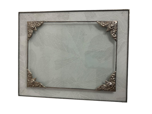 Textured Glass Display Tray Ornate Metal Trim Vanity 10x8 Inches