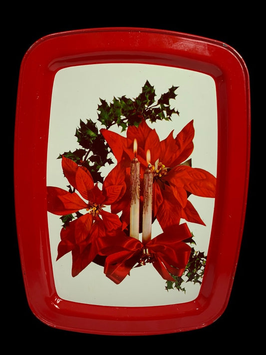 Vintage Holiday Christmas Metal Serving Tray 15 x 11 Inch Poinsettia Candle