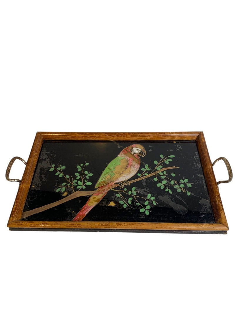 Vintage Reverse Glass Painted Parrot Handled Tray Cracked 13x8 Inches