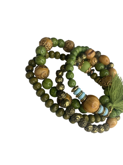 Set of 4 Green Gold Boho Stretch Bracelets Tassel Beaded