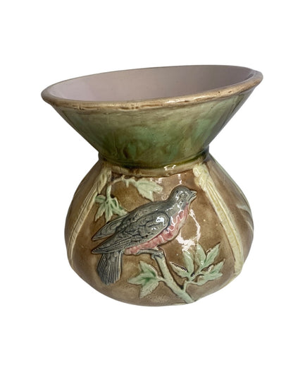 Antique Majolica Spitoon Cuspidor Birds Brown Lavender Interior