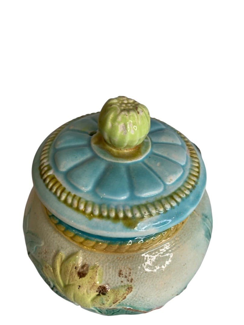 Antique Majolica Water Lily Lidded Jar Pot 5.25 Inch