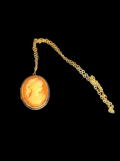 Vintage Cameo Pendant Locket Necklace Goldtone Pink