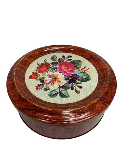 1970s Metal Tin Faux Wood Needlepoint Floral Guildcraft USA