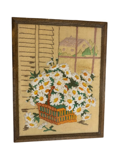 Vintage 1970s Crewel Embroidery Daisy Basket Framed Picture 17.5x13.5 Inches