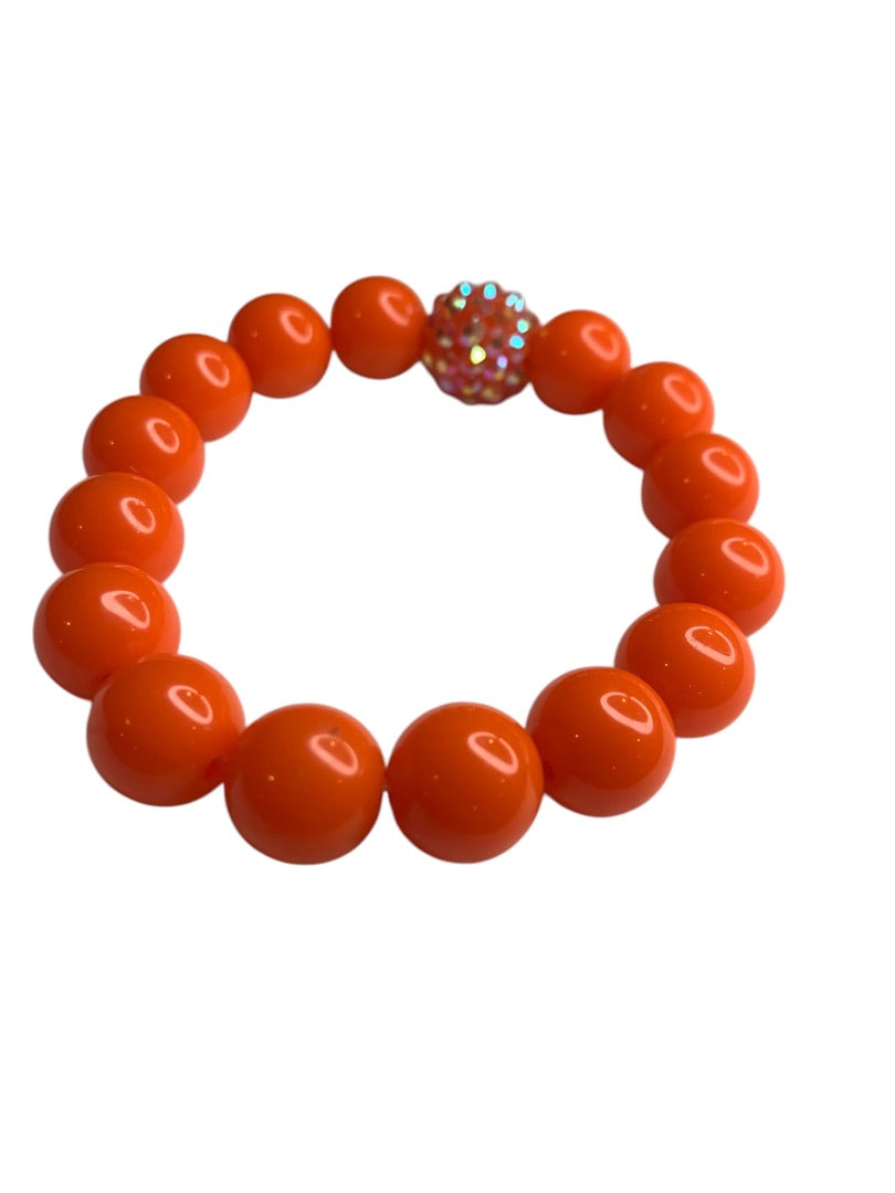 Orange Acrylic Round Beaded Stretch Bracelet Bling