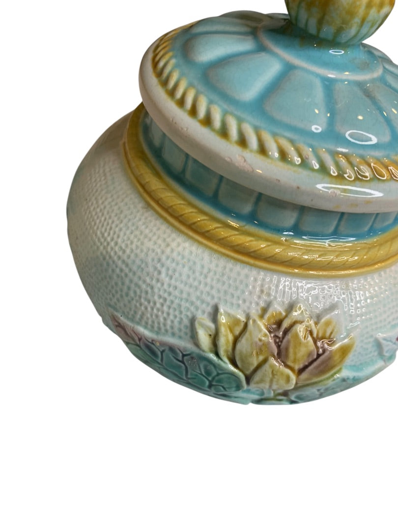Antique Majolica Lily Pond Lidded Jar Blue Yellow Flower