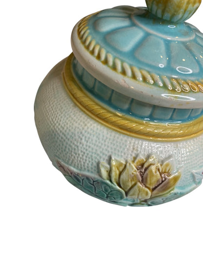 Antique Majolica Lily Pond Lidded Jar Blue Yellow Flower
