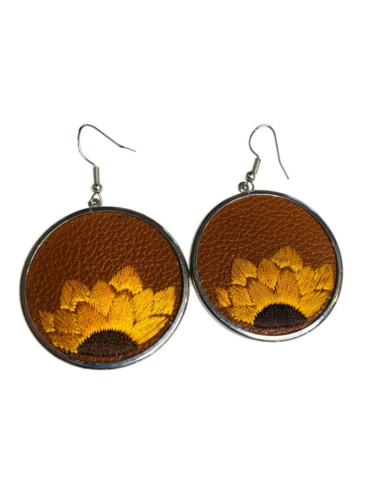 Silvertone Embroidered Faux Leather Sunflower Hook Pierced Earrings
