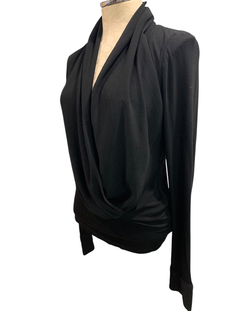 Small Fate Womens Black Faux Wrap Sheer Back Shirt