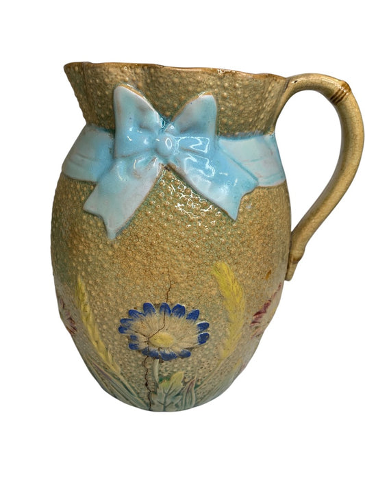 Antique Majolica Pitcher Pottery Wildflower Blue Bow Flower 7.5 Inch