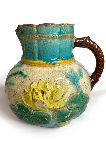 Antique Majolica Water Lily Pond Rope Pitcher Pottery 7 Inch Vibrant