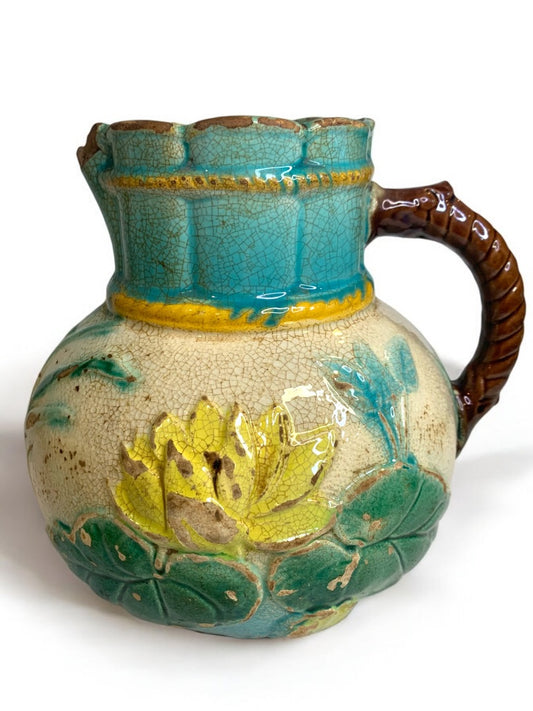 Antique Majolica Water Lily Pond Rope Pitcher Pottery 7 Inch Vibrant