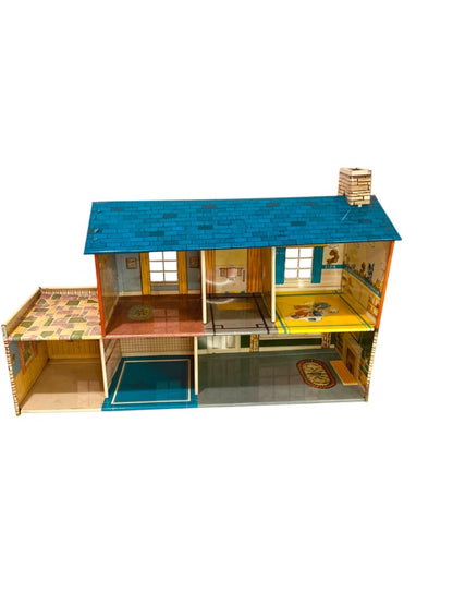 1950s Marx Tin Lithograph Doll House Colonial Style 2 Story Balcony