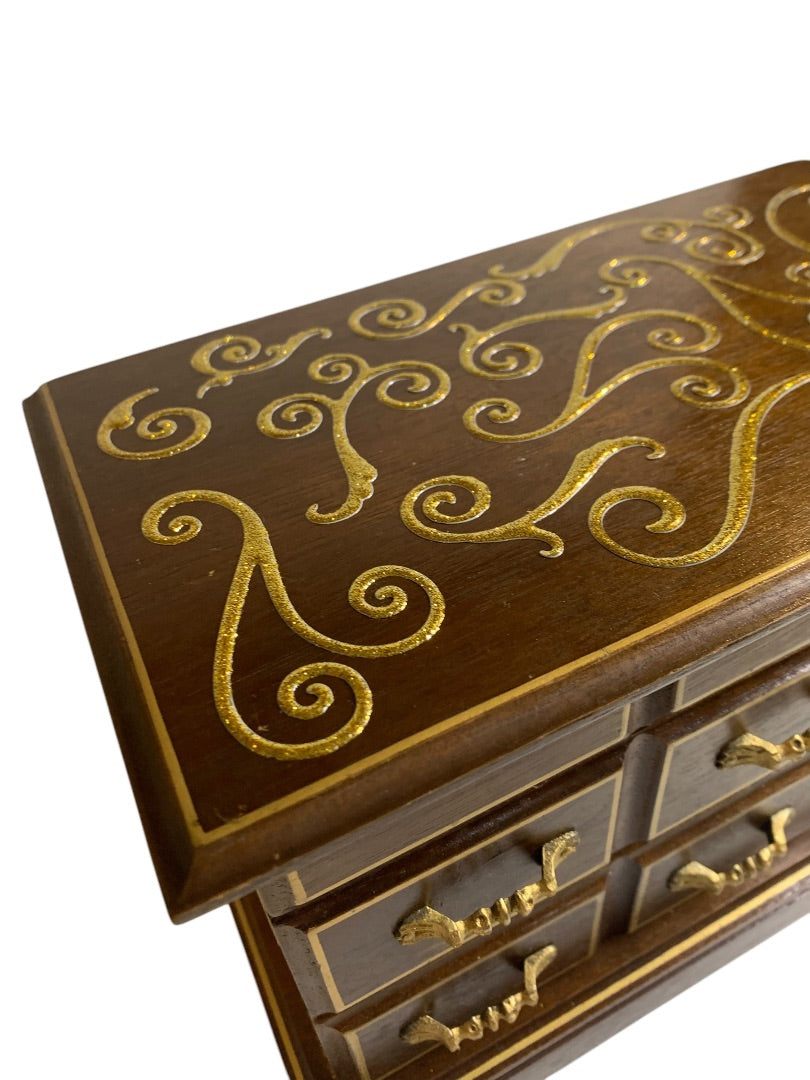Vintage Refreshed Wood Goldtone Musical Jewelry Box Mirror