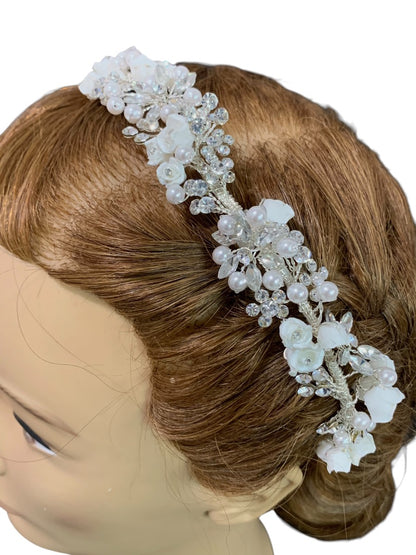 Silvertone and White Floral Girls Headband First Communion Formal Crystal