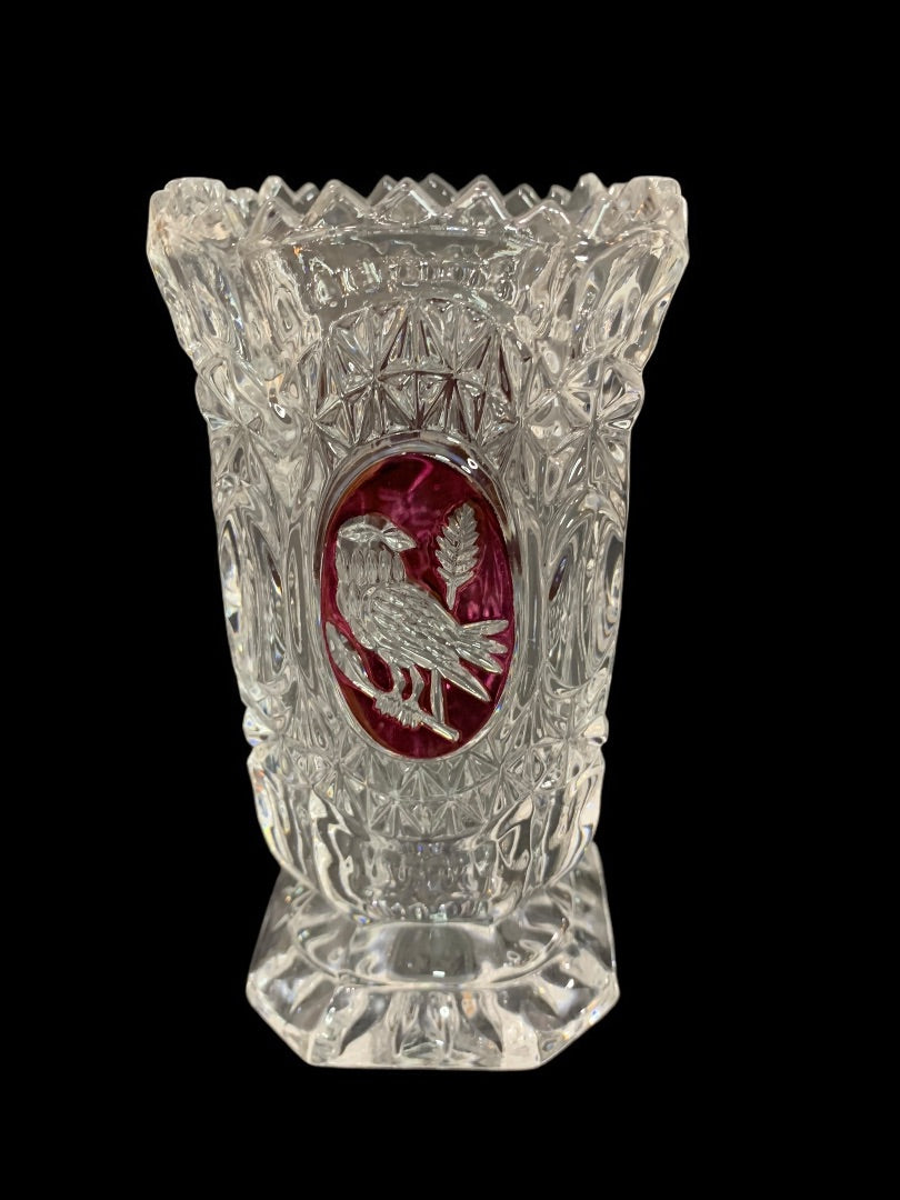 Lead Crystal Pressed Glass Ruby Red Bird Vase 5.75 Inches