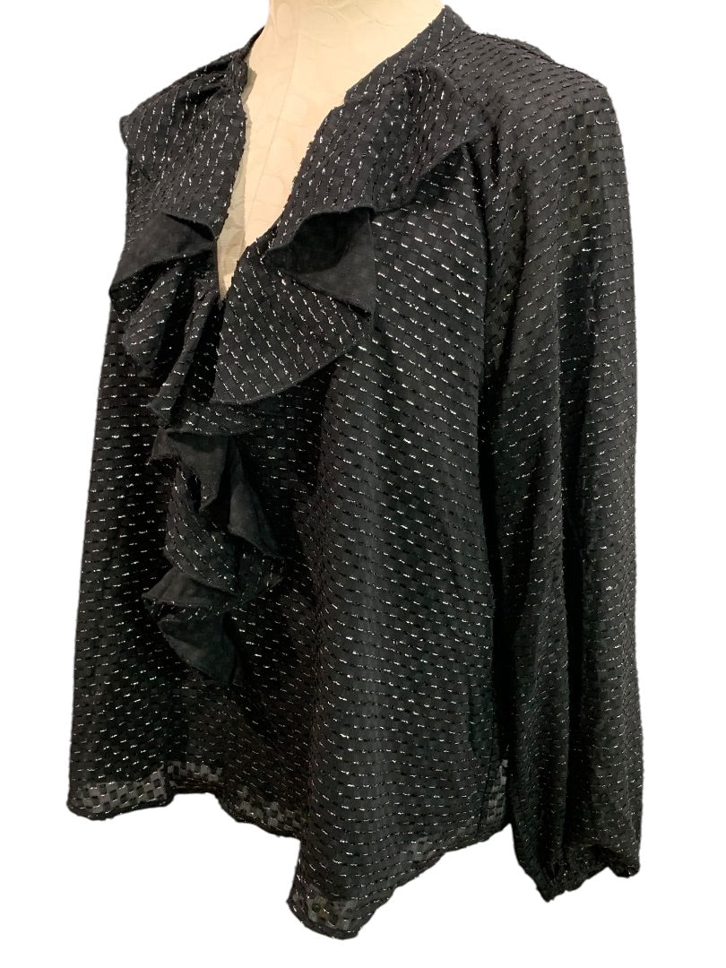 Large Nanette Lepore Womens Black Ruffle Front V-Neck Popover Shirt Blouse