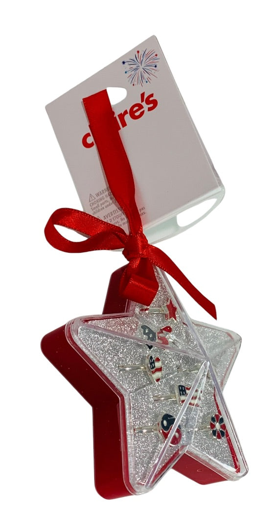 Claires New Set of 7 Adjustable Rings Patriotic USA Silvertone