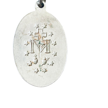 Vintage Mother Mary Miraculous Medal Pendant Necklace Silvertone 17.5 Inch Spring Clasp