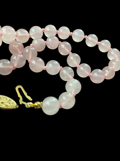 Vintage Rose Quartz Hand Knotted 24 Inch Necklace Fish Hook Intricate Clasp