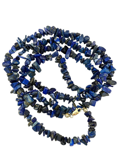 Strand String 34 Inch Necklace Lapis Lazuli Chip Stones 925 Sterling Clasp