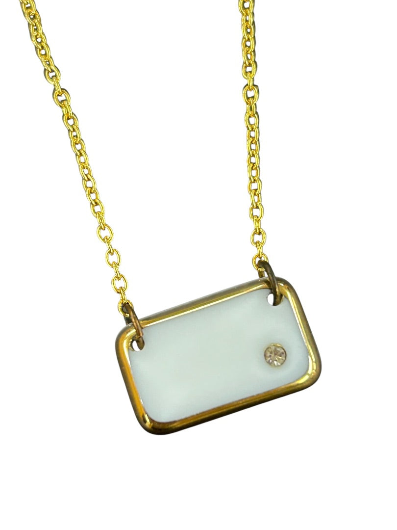Goldtone Necklace White Rectangle Pendant 16 Inch Spring Closure