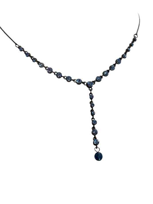 Pewter Color and Blue Crystal Necklace 15 Inch Chain 2" Drop