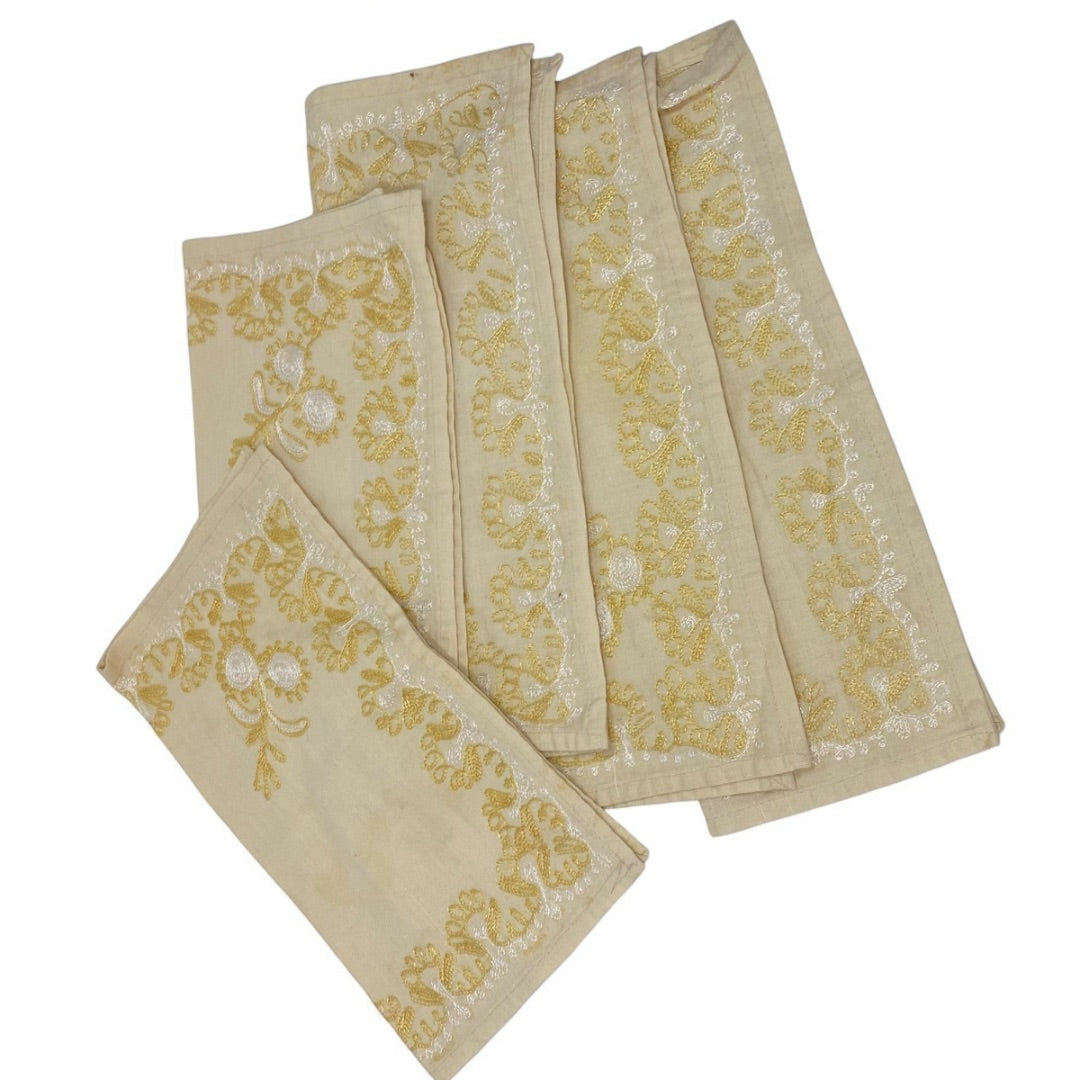 Vintage Set of 5 Embroidered Intricate Cloth Napkins 11 x 13 Inches