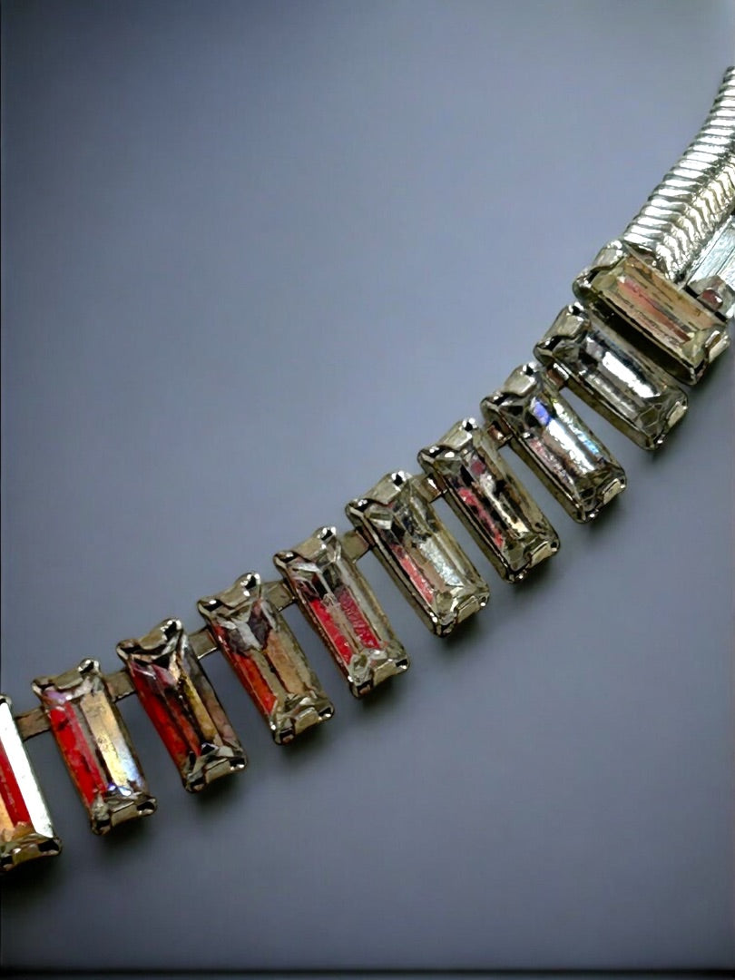 Vintage Emerald Cut Rhinestone Necklace on Snake Chain 16 Inch Box Clasp