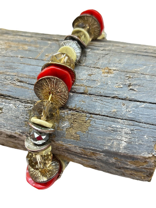 Chunky Stretch Bracelet Goldtone Orangey Artsy Stretchy