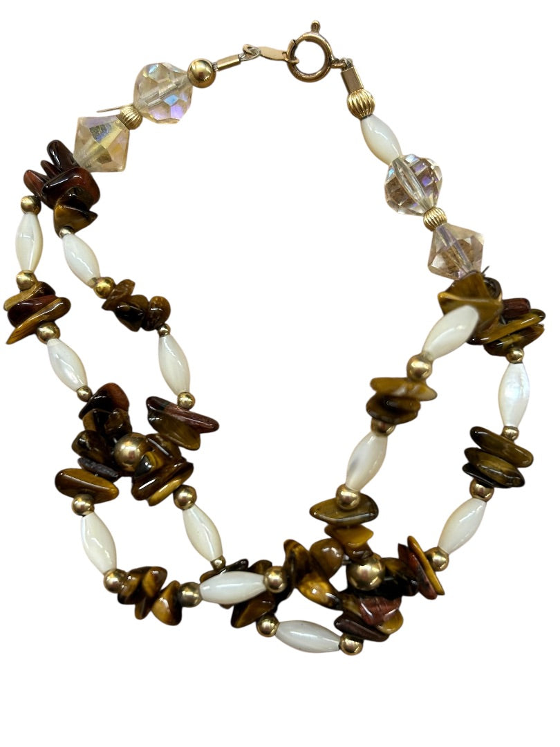 Double Strand Beaded Bracelet White Brown Goldtone Spring Clasp 8"