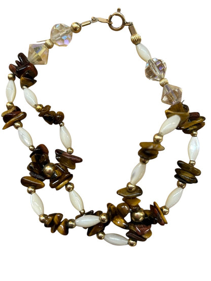 Double Strand Beaded Bracelet White Brown Goldtone Spring Clasp 8"