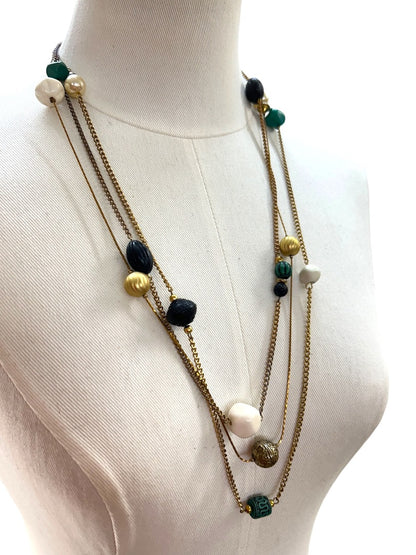 Goldtone Tiered Necklace Green White Black Beads 26 Inch