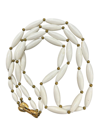 Vintage White Acrylic Bead Necklace Goldtone Foldover Clasp 22 Inch