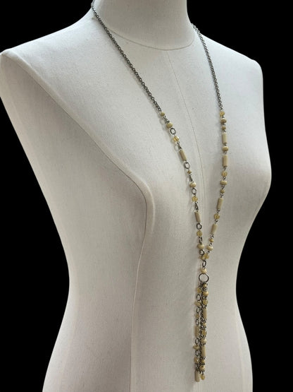 Silvertone Beaded Necklace 34 Inch 5 Inch Drop Cream Beads