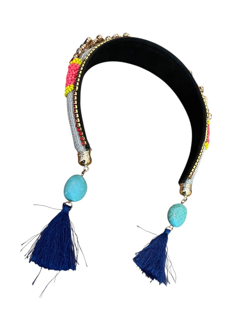 Colorful Rhinestone Jeweled Padded Headband Tassels