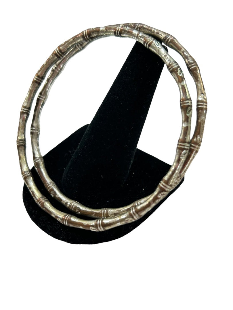 Set of 2 Distressed Silvertone Bangle Bracelets Bamboo Design 2.5 Inch