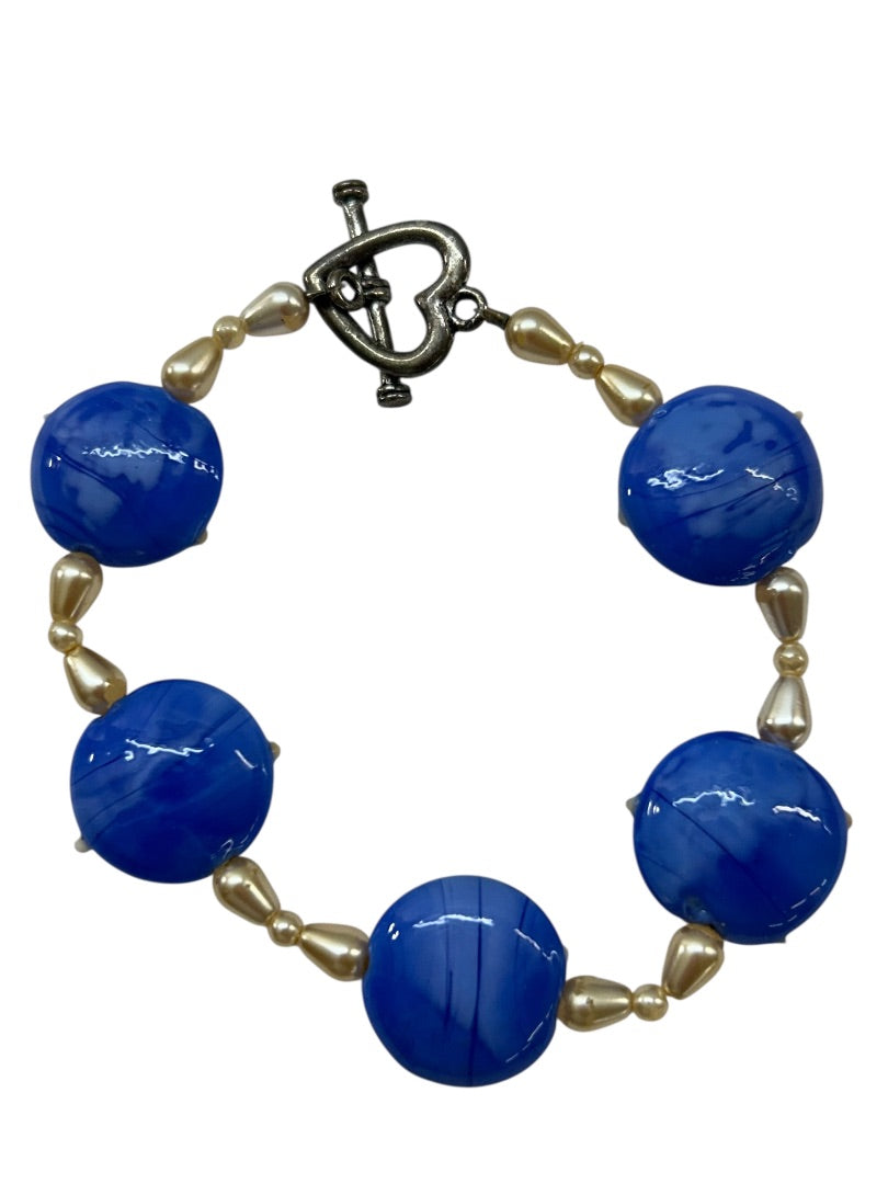 Blue Glass Beaded Starfish Bracelet Toggle Clasp 7.75 Inch